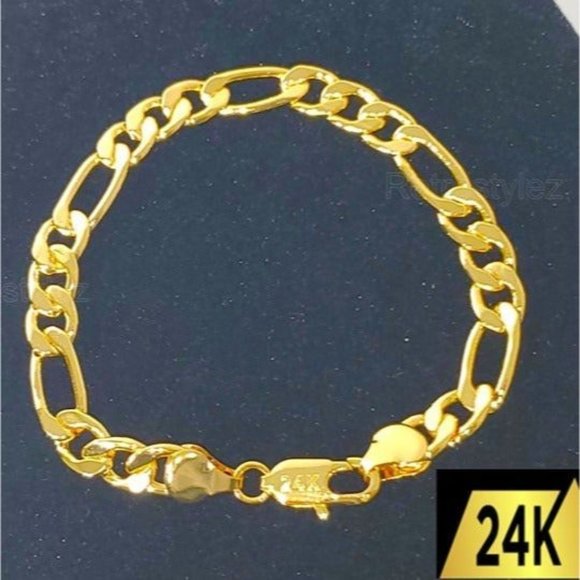 24K Gold Figaro Chain Link Womens Bracelet Authentic Stamped 24 - Main Image